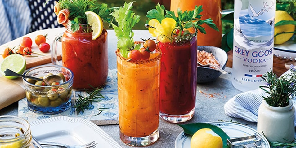 Grey Goose vodka Bloody Mary and Caesar cocktails with garnishes